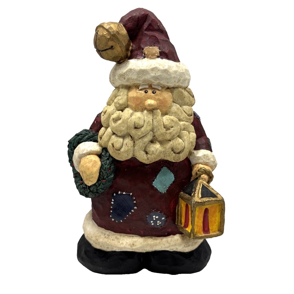 Vtg Resin Patchwork Santa Claus Holding Teddy Wreath & Lantern Figurine